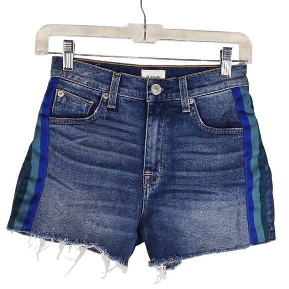 Hudson Sade Cut Off Blue/Green/Teal Side Stripes Women Jean Shorts 24 - Picture 1 of 5